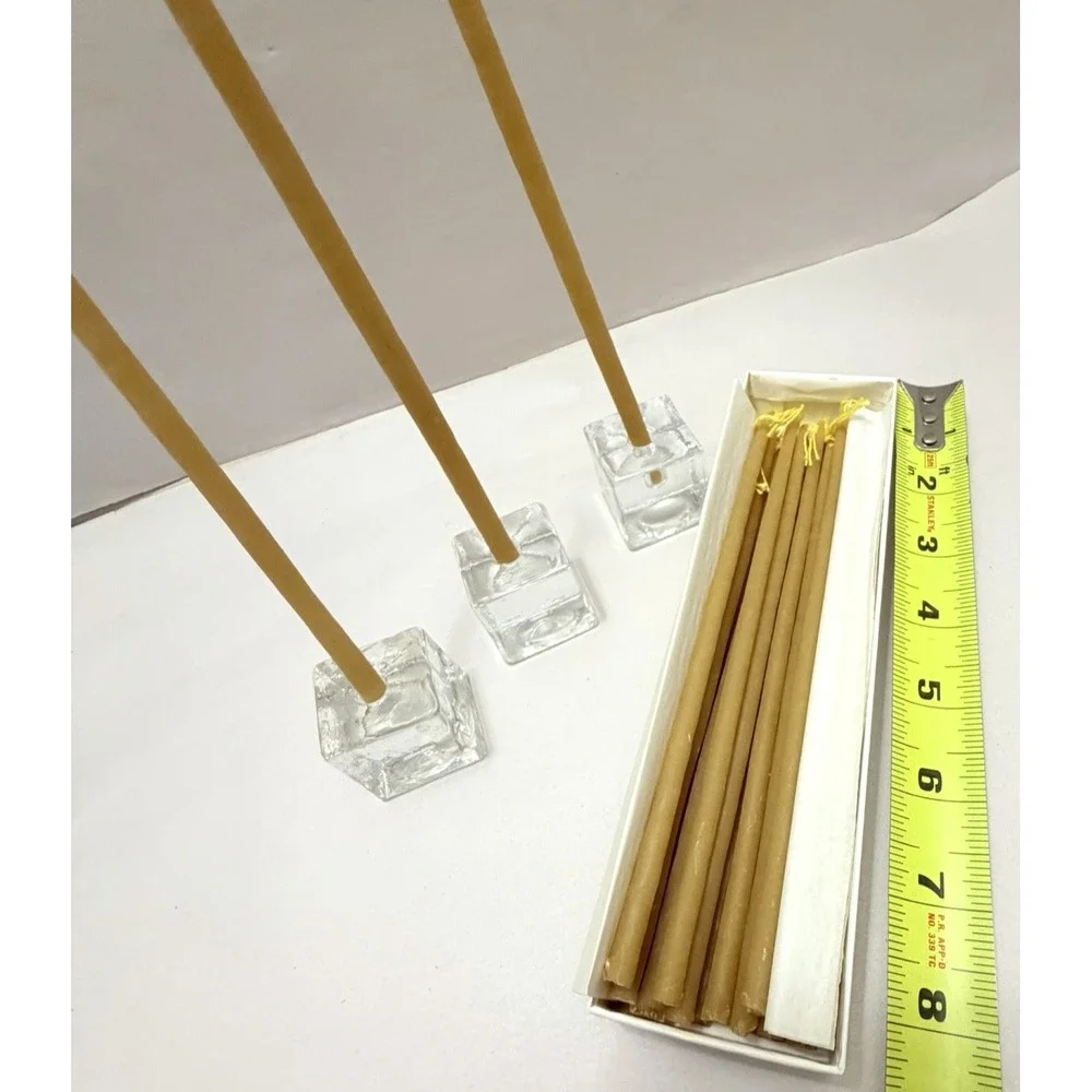 Art Glass VTG Cube Candle Holder Taper Mini Beeswax Candles MCM 3PC Set Findland